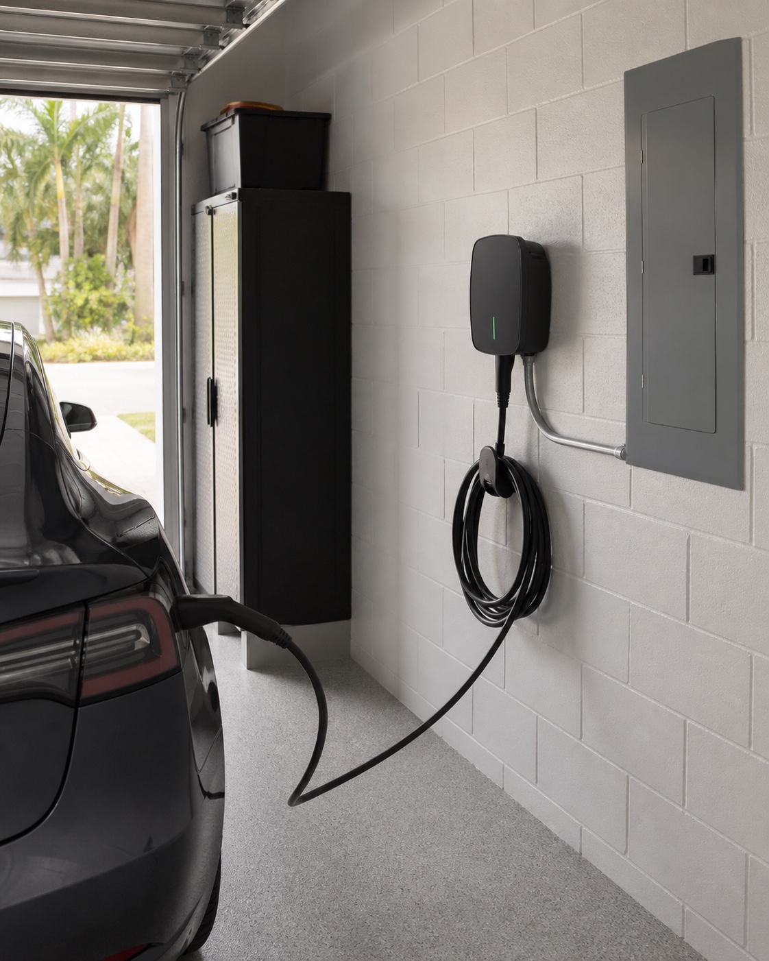 Representative image of a Level 2 electric vehicle charger professionally installed in a coastal residence garage