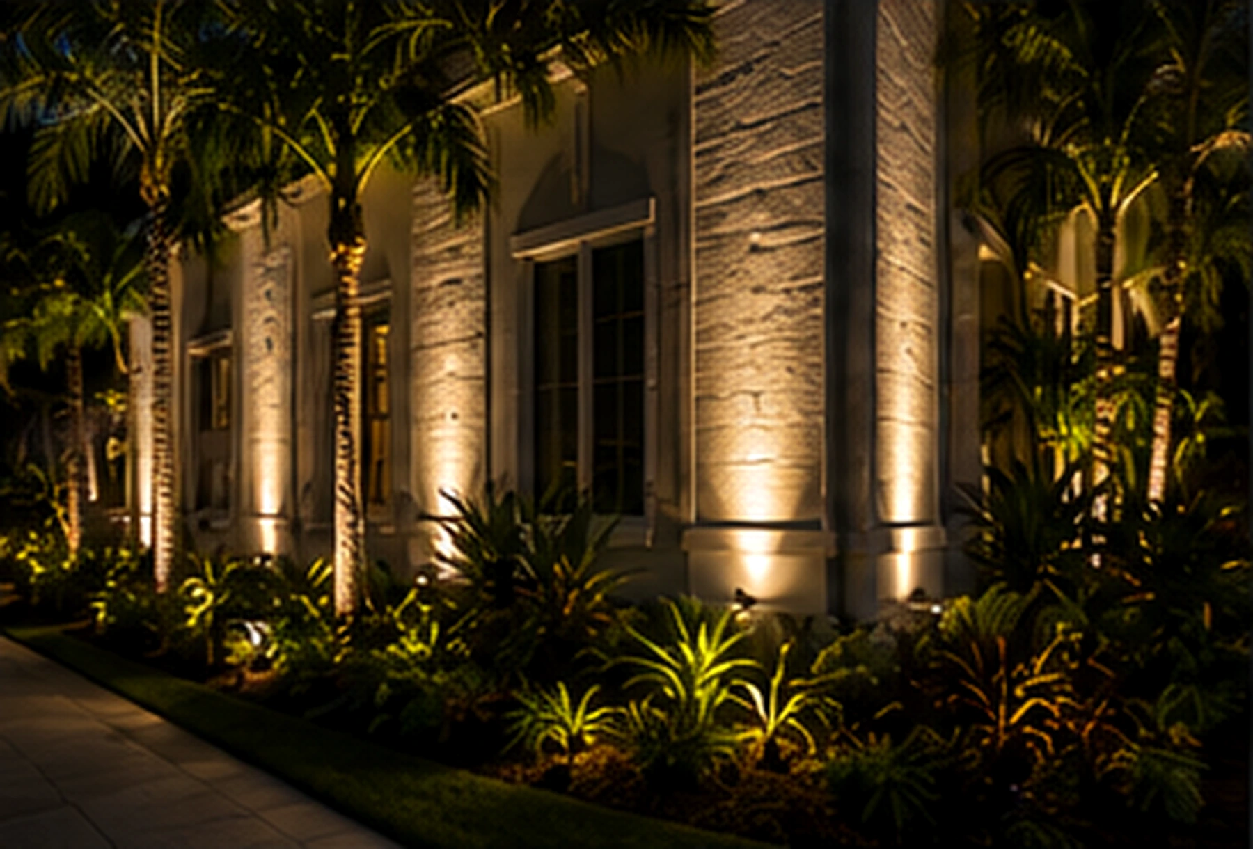 Architectural wall washed with warm light highlighting stonework after dark