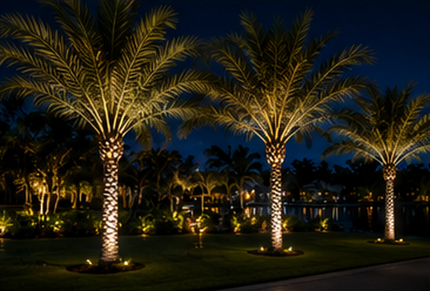 Royal palms uplit from below with warm brass fixtures at dusk